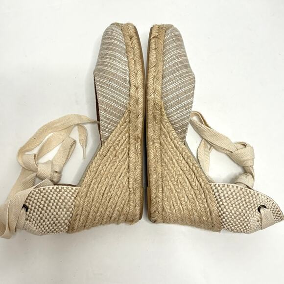 Soludos Tan White Stripe Ankle Wrap Espadrille Wedge Heels 10 - Picture 4 of 8